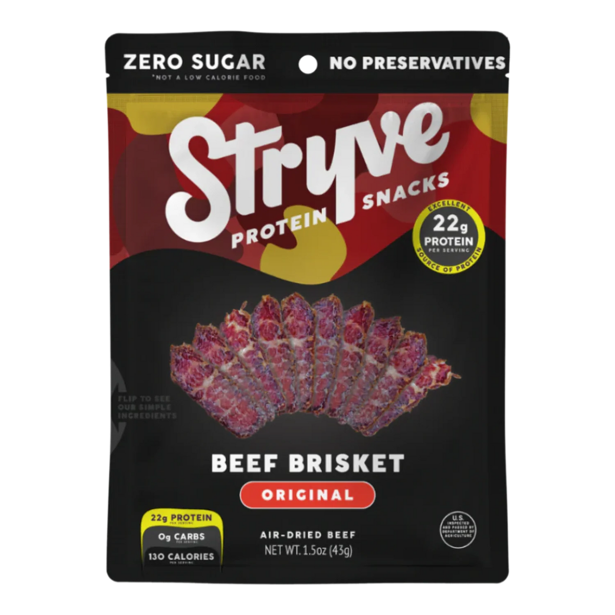 Stryve Beef Brisket Original air-dried beef bag front, photo of thin sliced brisket fanned out, zero sugar, no preservatives