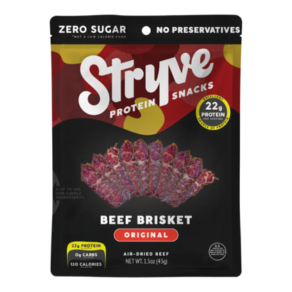 Stryve Beef Brisket Original air-dried beef bag front, photo of thin sliced brisket fanned out, zero sugar, no preservatives