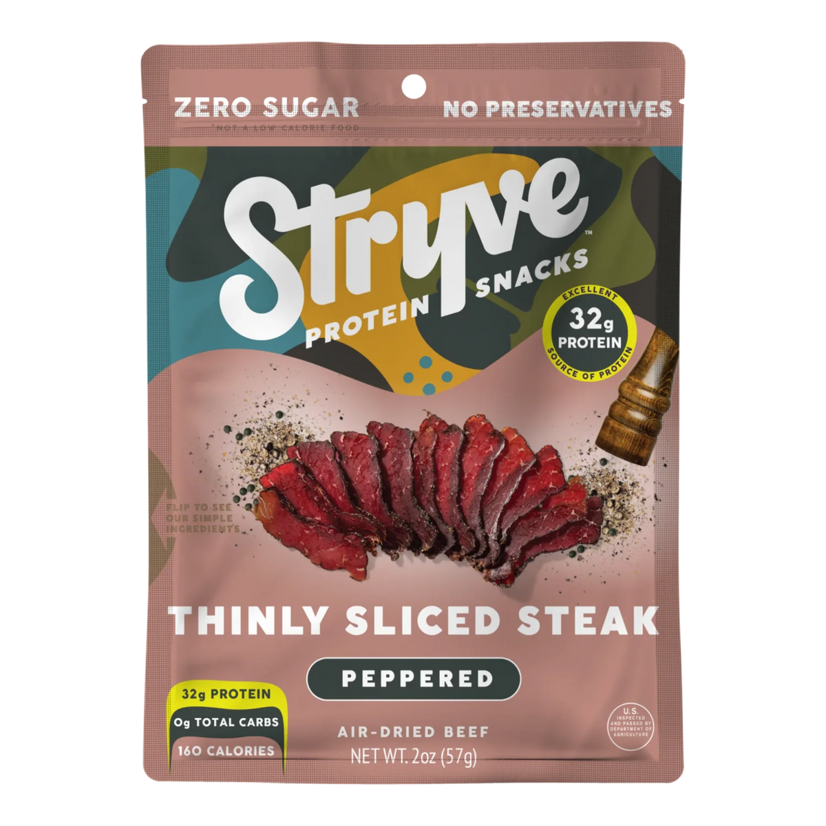 Front of Stryve Peppered air-dried beef bag with thinly sliced steak, cracked pepper, a pepper grinder and zero sugar badge