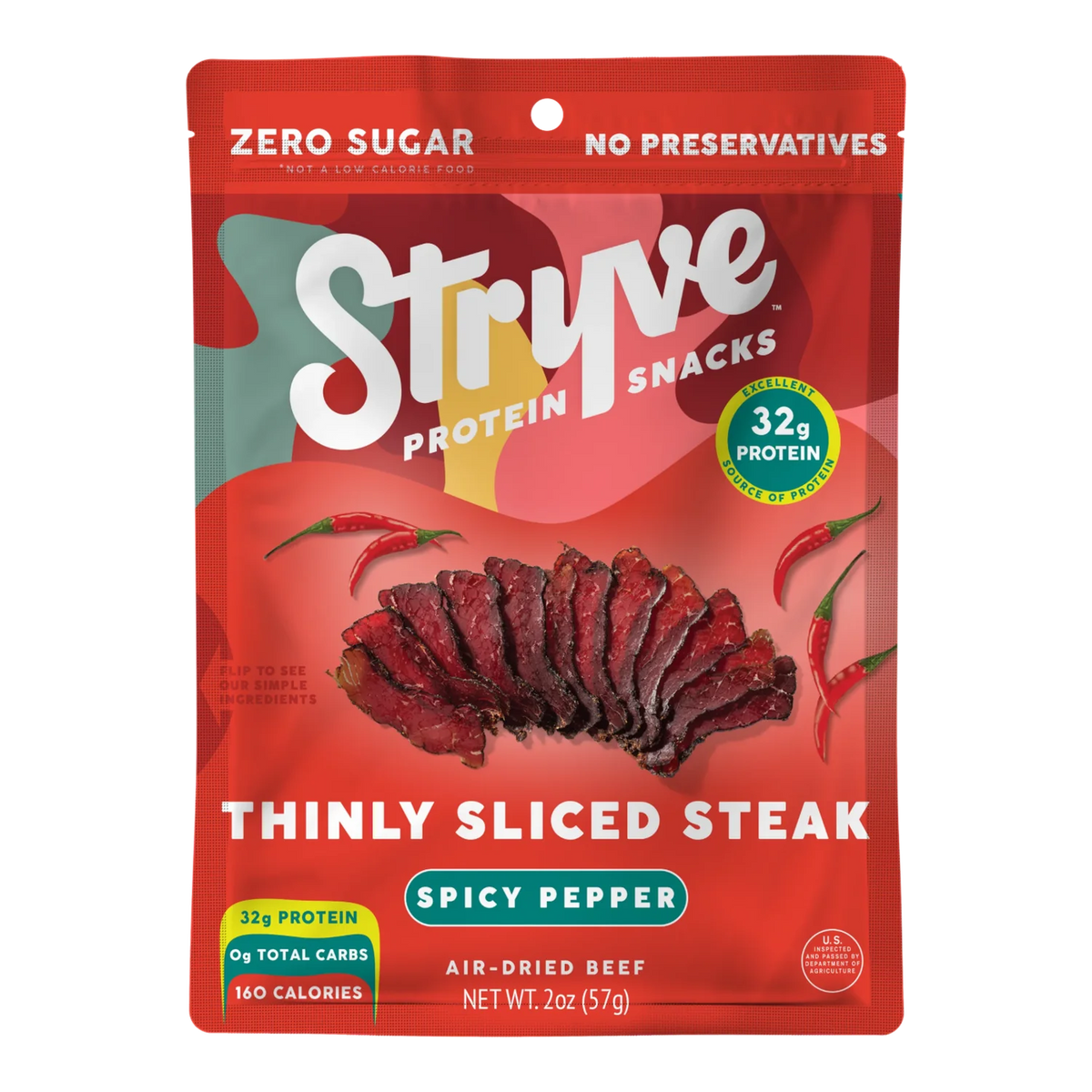 Front of Stryve Spicy Pepper Thinly Sliced Steak bag: air-dried beef with a photo of red sliced beef and chili peppers.