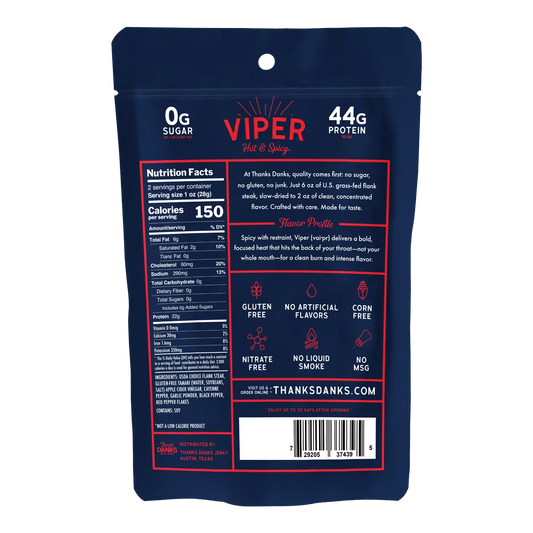 Thanks Danks Viper Hot & Spicy Beef Jerky back with nutrition label