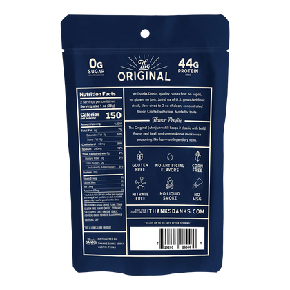 Thanks Danks The Original Beef Jerky back of bag with nutrition facts, ingredients, and gluten free and no MSG badges