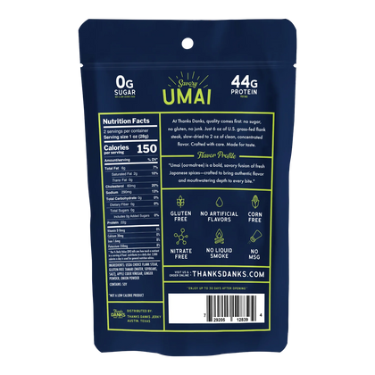 Thanks Danks Savory Umai Beef Jerky back of bag with nutrition facts, ingredients, flavor profile and gluten free badges