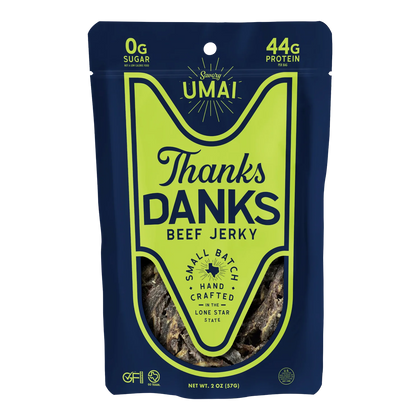 Thanks Danks Savory Umai Beef Jerky front of bag, navy and lime green, with dark jerky strips visible through the window