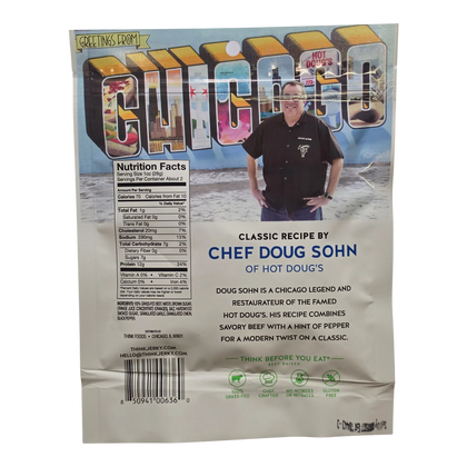 Think Jerky Classic Beef Jerky bag back with nutrition facts, ingredients and Chef Doug Sohn of Hot Doug's
