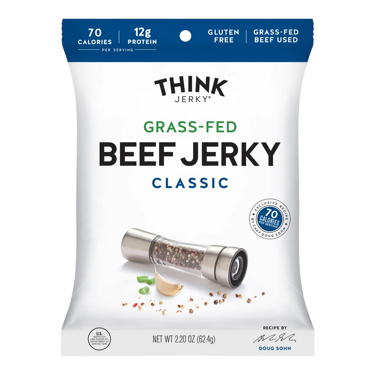 Think Jerky Classic Grass-Fed Beef Jerky bag front with pepper grinder, peppercorns, garlic and green onion