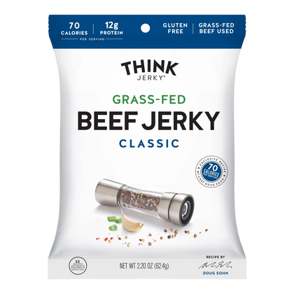 Think Jerky Classic Grass-Fed Beef Jerky bag front with pepper grinder, peppercorns, garlic and green onion