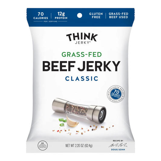 Think Jerky Classic Grass-Fed Beef Jerky bag front with pepper grinder, peppercorns, garlic and green onion