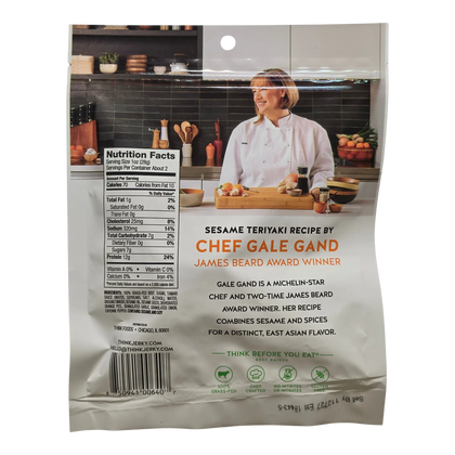 Think Jerky Sesame Teriyaki beef jerky bag, back, nutrition facts, ingredients, and Chef Gale Gand recipe note