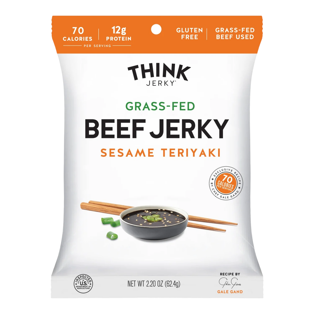 Think Jerky Sesame Teriyaki grass-fed beef jerky bag front, orange band, bowl of dark sauce with sesame seeds and scallions