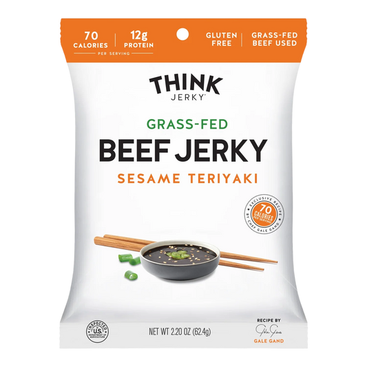 Think Jerky Sesame Teriyaki grass-fed beef jerky bag front, orange band, bowl of dark sauce with sesame seeds and scallions