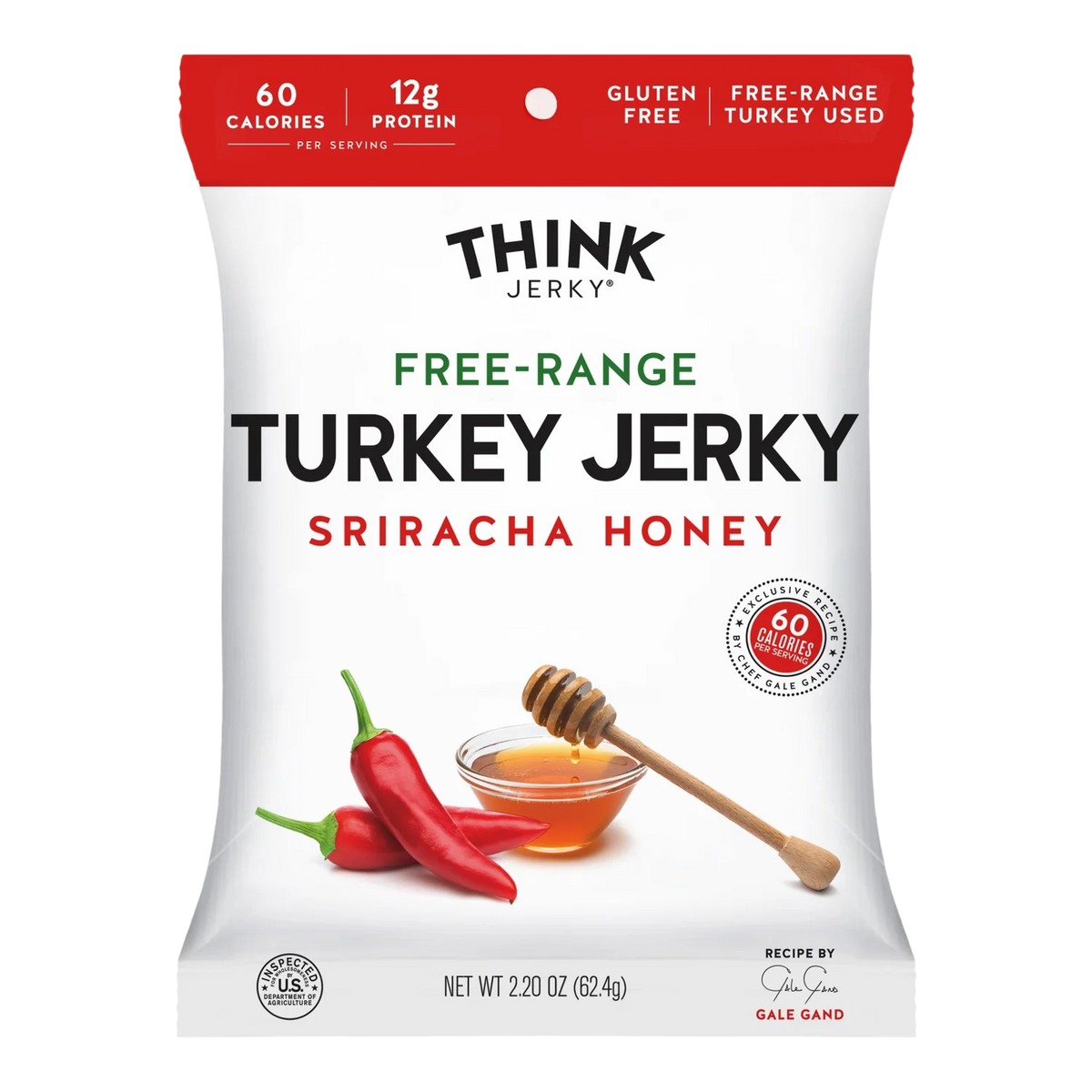 Think Jerky Sriracha Honey Free-Range Turkey Jerky bag front showing red chili peppers and a bowl of honey with a dipper