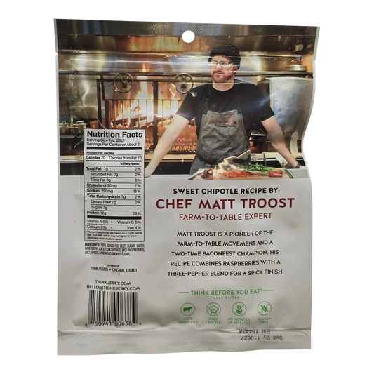 Think Jerky Sweet Chipotle Beef Jerky bag, back, with nutrition facts, ingredients and Chef Matt Troost's recipe note