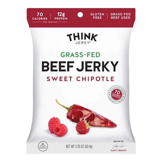 Think Jerky Sweet Chipotle Grass-Fed Beef Jerky bag, front, with a dried red chili pepper and raspberries below the name