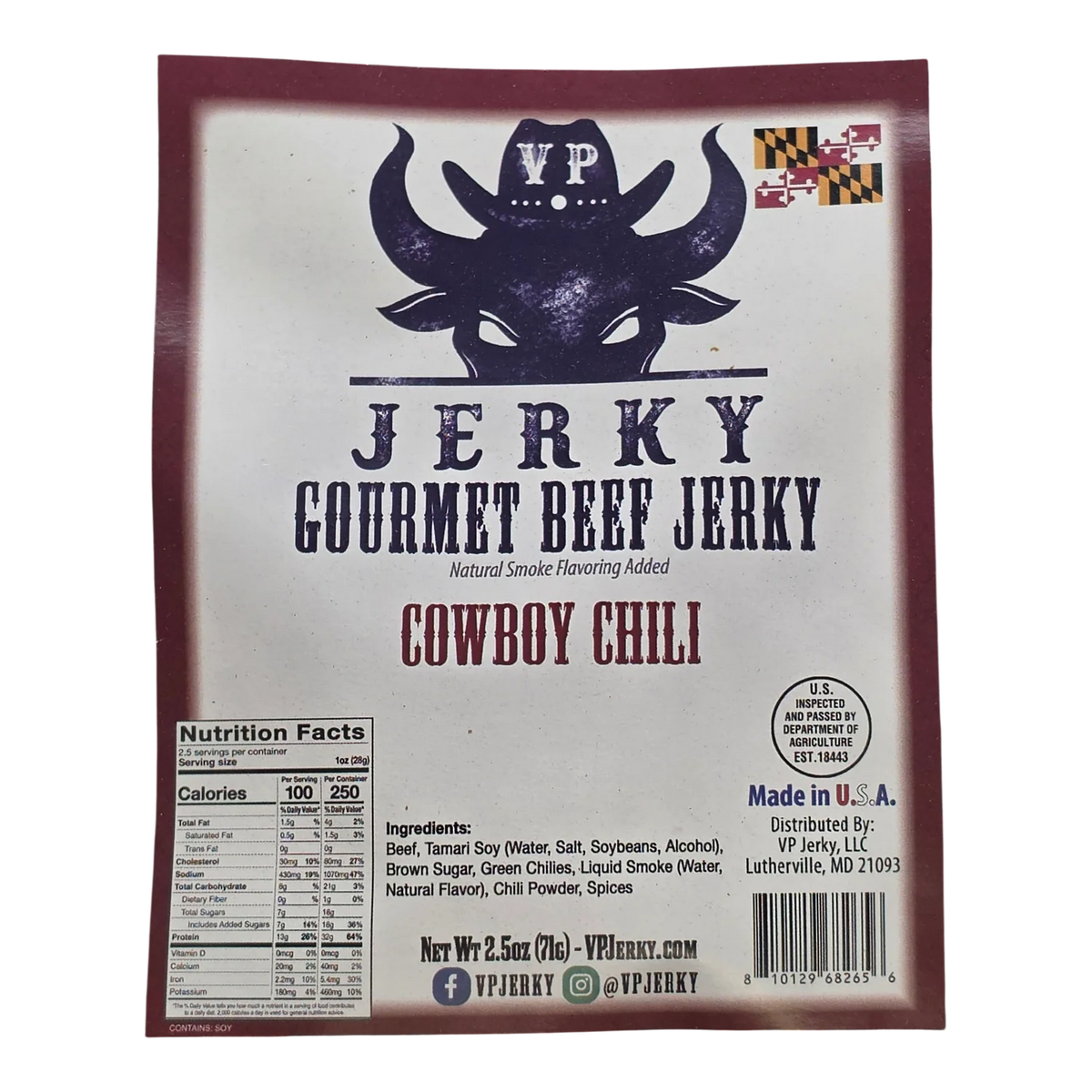 VP Jerky Cowboy Chili Gourmet Beef Jerky front label: bull in cowboy hat, Maryland flag, ingredients and nutrition facts