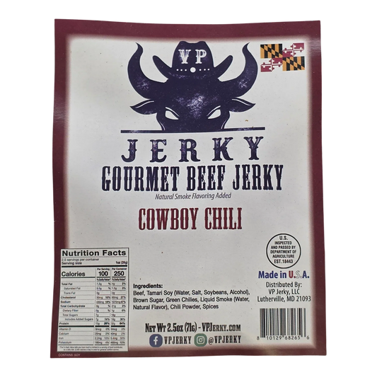 VP Jerky Cowboy Chili Gourmet Beef Jerky front label: bull in cowboy hat, Maryland flag, ingredients and nutrition facts