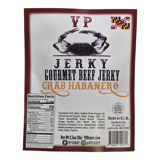 VP Jerky Crab Habanero Gourmet Beef Jerky front label with crab illustration, Maryland flag, nutrition facts and ingredients