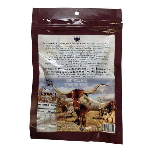 VP Jerky Ole Cracked Pepper Beef Jerky back label with brand story, longhorn photo, Nutrition Facts, ingredients, Made in USA