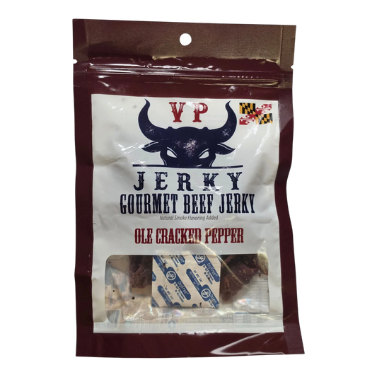 VP Jerky Ole Cracked Pepper Beef Jerky front, maroon bag with bull logo and a window showing dark pieces of jerky