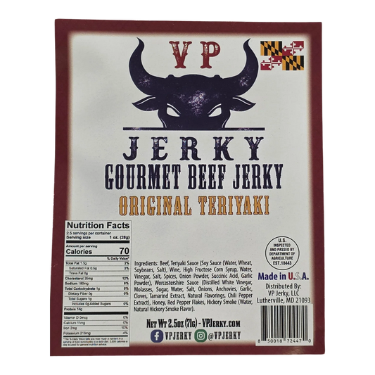 VP Jerky Original Teriyaki Gourmet Beef Jerky front label with bull logo, Maryland flag, Nutrition Facts and ingredients