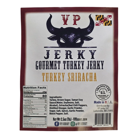 VP Jerky Turkey Sriracha Gourmet Turkey Jerky label with bull logo, Maryland flag, nutrition facts and ingredients