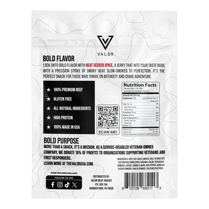 Valor Meat Snacks Heat Seeker Spice beef jerky bag back with ingredients, nutrition facts, gluten free and veteran mission