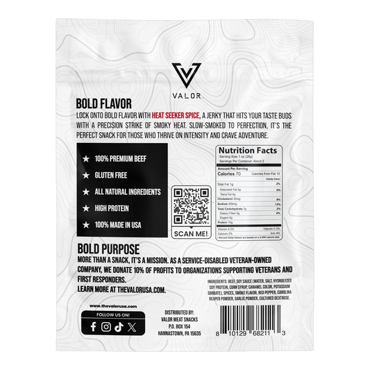 Valor Meat Snacks Heat Seeker Spice beef jerky bag back with ingredients, nutrition facts, gluten free and veteran mission
