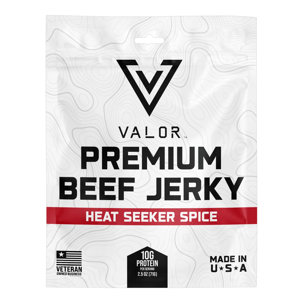 Valor Meat Snacks Heat Seeker Spice beef jerky bag front with red flavor band, veteran owned badge and Made in USA mark