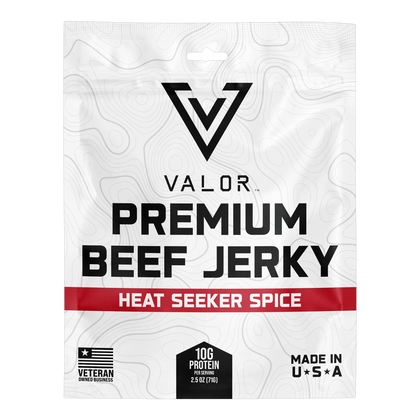 Valor Meat Snacks Heat Seeker Spice beef jerky bag front with red flavor band, veteran owned badge and Made in USA mark