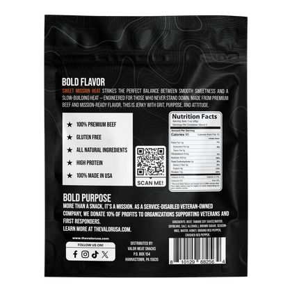 Valor Meat Snacks Sweet Mission Heat Beef Jerky bag back with flavor description, nutrition facts and ingredient list