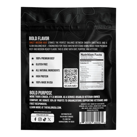 Valor Meat Snacks Sweet Mission Heat Beef Jerky bag back with flavor description, nutrition facts and ingredient list