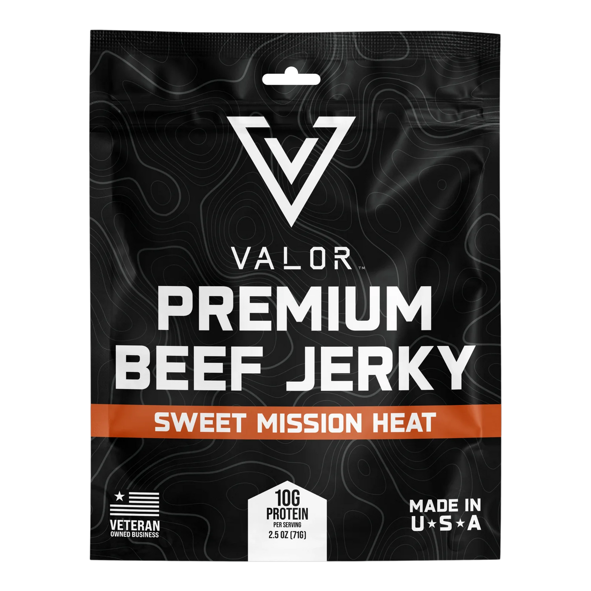 Valor Meat Snacks Sweet Mission Heat Premium Beef Jerky bag front, black with orange flavor band and Made in USA badge