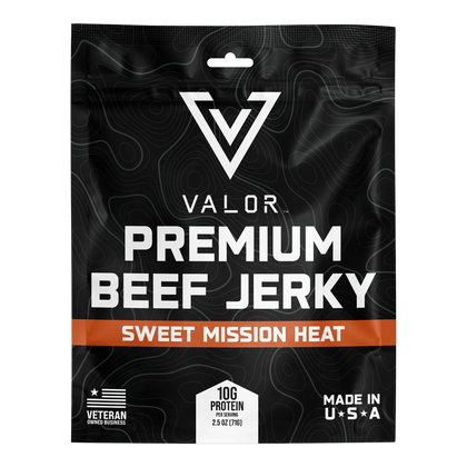 Valor Meat Snacks Sweet Mission Heat Premium Beef Jerky bag front, black with orange flavor band and Made in USA badge