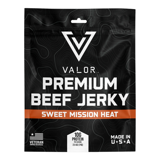 Valor Meat Snacks Sweet Mission Heat Premium Beef Jerky bag front, black with orange flavor band and Made in USA badge