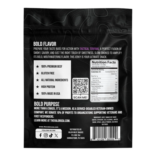 Valor Meat Snacks Tactical Teriyaki Beef Jerky back label: nutrition facts, ingredients, gluten free, veteran-owned claims