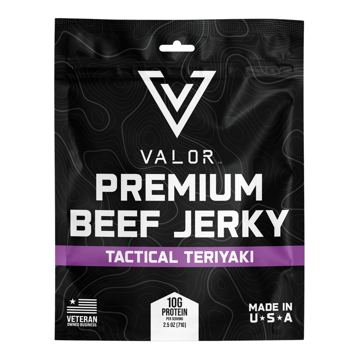 Valor Meat Snacks Tactical Teriyaki Premium Beef Jerky front: black bag, purple flavor band, no window, Made in USA badge