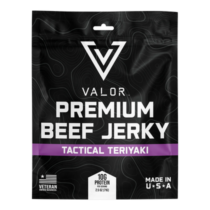 Valor Meat Snacks Tactical Teriyaki Premium Beef Jerky front: black bag, purple flavor band, no window, Made in USA badge