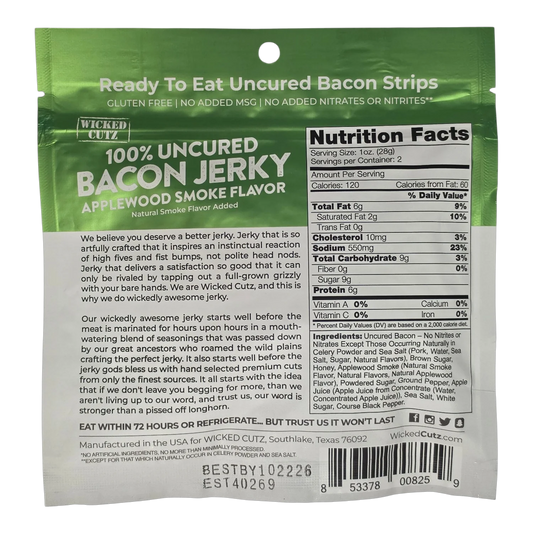 Wicked Cutz Applewood Smoke Bacon Jerky back of bag with nutrition facts, ingredient list, brand story and uncured claims