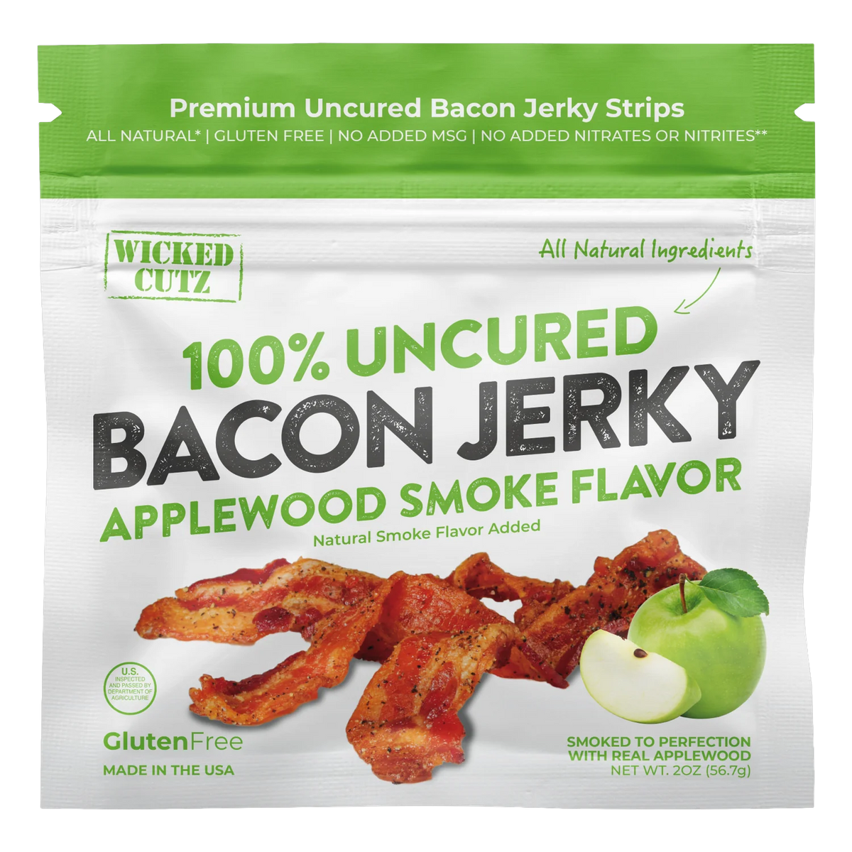 Wicked Cutz Applewood Smoke Bacon Jerky front of bag, no window, with a photo of peppered bacon strips and a green apple
