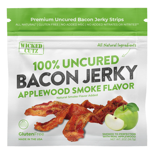 Wicked Cutz Applewood Smoke Bacon Jerky front of bag, no window, with a photo of peppered bacon strips and a green apple