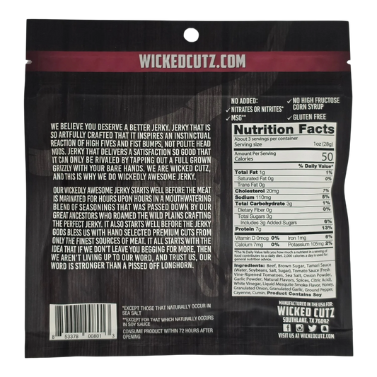 Wicked Cutz BBQ Mesquite Beef Jerky bag, back: brand story, no-added claims, nutrition facts, ingredients and allergen