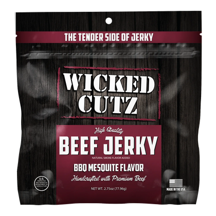 Wicked Cutz BBQ Mesquite Beef Jerky bag, front: dark wood-grain pouch with red label panel, no window, Made in the USA flag