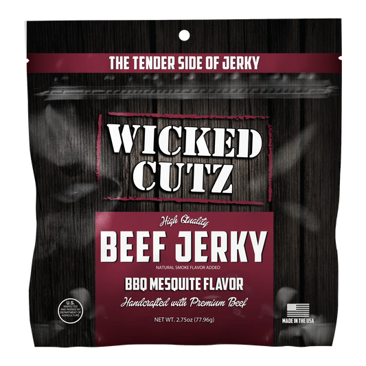 Wicked Cutz BBQ Mesquite Beef Jerky bag, front: dark wood-grain pouch with red label panel, no window, Made in the USA flag
