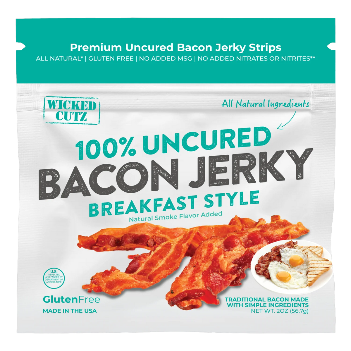 Wicked Cutz Breakfast Style Bacon Jerky front: white bag, teal band, photo of bacon strips, Gluten Free, Made in the USA