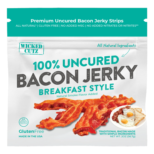 Wicked Cutz Breakfast Style Bacon Jerky front: white bag, teal band, photo of bacon strips, Gluten Free, Made in the USA