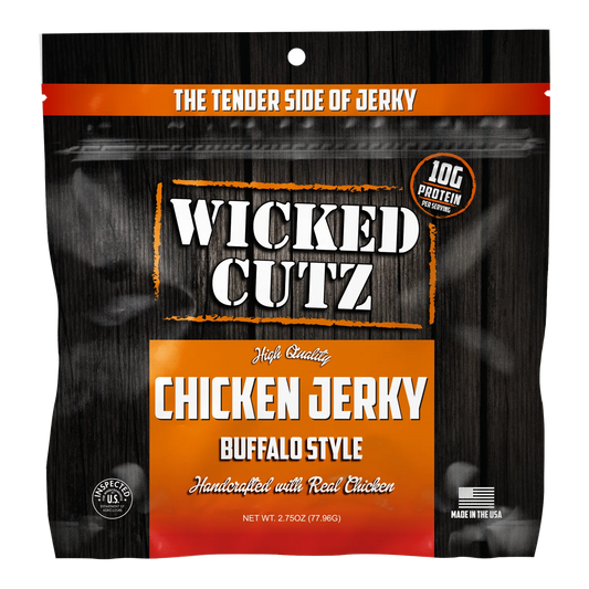 Wicked Cutz Buffalo Style Chicken Jerky bag front, black wood grain with orange panel, no window, Made in the USA flag