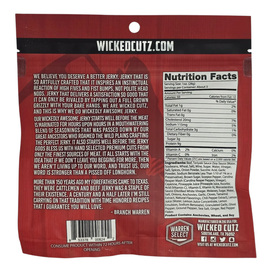 Wicked Cutz Carolina Killa Beef Jerky back: brand story, Nutrition Facts, ingredients, allergen line