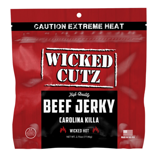 Wicked Cutz Carolina Killa Beef Jerky front: red bag with a Caution Extreme Heat band, Wicked Hot flame rating, no window
