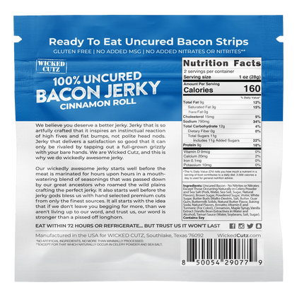 Wicked Cutz Cinnamon Roll Bacon Jerky bag back with nutrition facts, ingredient list, Contains Soy line and brand story