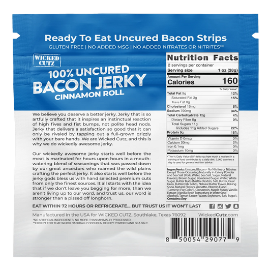 Wicked Cutz Cinnamon Roll Bacon Jerky bag back with nutrition facts, ingredient list, Contains Soy line and brand story